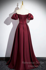 Burgundy Satin Floor Length Semi Formal Prom Dress, Simple A-Line Evening Party Dress