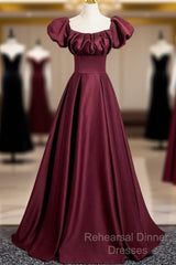 Burgundy Satin Floor Length Semi Formal Prom Dress, Simple A-Line Evening Party Dress