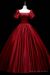 Burgundy Satin Long A-Line Prom Dress, Burgundy Formal Evening Dress