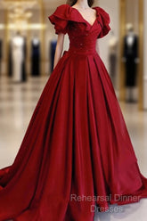 Burgundy Satin Long A Line Semi Formal Prom Dress Evening Dress