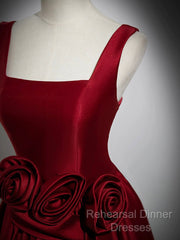 Burgundy Satin Long Semi Formal Prom Dress With Flowers, Elegant A-Line Party Dress