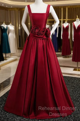 Burgundy Satin Long Semi Formal Prom Dress With Flowers, Elegant A-Line Party Dress