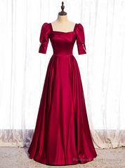 Burgundy Satin Square Short Sleeve Pearls Prom Dress