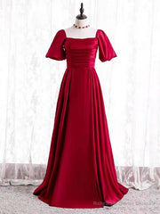 Burgundy Satin Square Short Sleeve Prom Dress