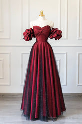 Burgundy Satin Tulle Long Prom Dress, Off Shoulder Evening Party Dress