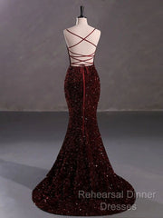 Burgundy Sequin Mermaid Backless Semi Formal Prom Dress Long Evening Dress