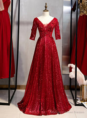 Burgundy Sequins V-neck Short Sleeve Appliques Prom Dress