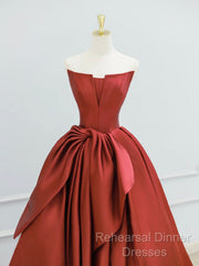 Burgundy Strapless Satin Long Semi Formal Prom Dress, Beautiful A-Line Evening Party Dress