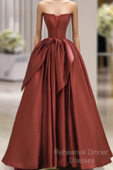 Burgundy Strapless Satin Long Semi Formal Prom Dress, Beautiful A-Line Evening Party Dress
