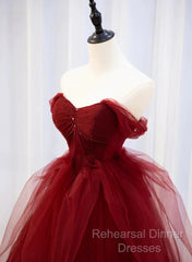 Burgundy Sweetheart Ball Gown Tulle With Beaded Semi Formal Prom Dress, Burgundy Party Dress