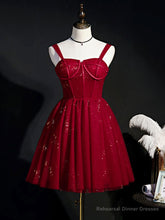 Burgundy Sweetheart Neck Tulle Sequin Short Prom Dress, Puffy Cute Homecoming  Dresses