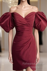 Burgundy Taffeta Bodycon Dress Off Shoulder