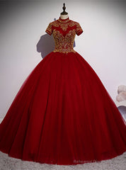 Burgundy Tulle High Neck Short Sleeve Quinceanera Dress