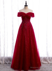 Burgundy Tulle Off the Shoulder Sequins Beading Prom Dress