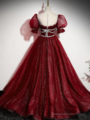 Burgundy Tulle Sequin Long Prom Dress, Burgundy Formal Evening Dresses