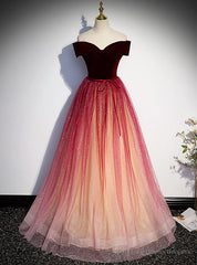 Burgundy Tulle Sequins Off the Shoulder Prom Dress