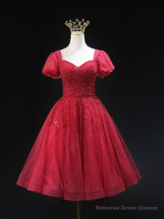 Burgundy Tulle Sequins Short Sleeve Beading Homecoming Dress