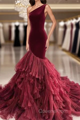 Burgundy Tulle Velvet Long Mermaid Dress Formal Evening Prom Dress