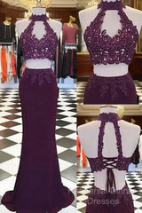 Burgundy Two Pieces Lace Long Semi Formal Prom Dress, Evening Dress
