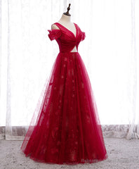 Burgundy V Neck Tulle Lace Long Prom Dress Burgundy Evening Dress