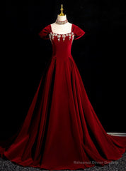 Burgundy Velvet Crystal Prom Dress