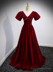 Burgundy Velvet Deep V-neck Backless Crystal Prom Dress
