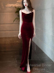 Burgundy Velvet Floor Length Mermaid Semi Formal Prom Dress, Velvet Bridesmaid Dresses