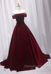 Burgundy Velvet Long Semi Formal Prom Dresses, A-Line Evening Dresses