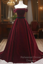 Burgundy Velvet Long Semi Formal Prom Dresses, A-Line Evening Dresses