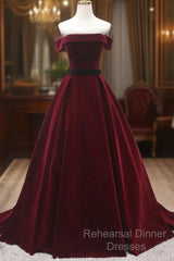 Burgundy Velvet Long Semi Formal Prom Dresses, A-Line Evening Dresses