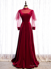 Burgundy Velvet Long Sleeve High Neck Backless Prom Dress
