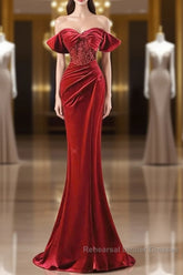 Burgundy Velvet Sequins Long Semi Formal Prom Dress, Mermaid Off The Shoulder Party Dress With Slit
