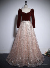 Burgundy Velvet Sequins Long Sleeve Beading Prom Dress