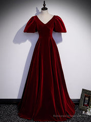 Burgundy Velvet V-neck Puff Sleeve Prom Dress