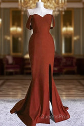 Burnt Orange Mermaid Dress Off The Shoulder With Slit