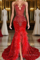 Mermaid Semi Formal Prom Dresses with Sequins Sleeveless Split Beadings and Feather Embellishments