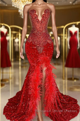 Red Sleeveless Sequins Mermaid Semi Formal Prom Dresses with Front Slit Beadings and Feathers