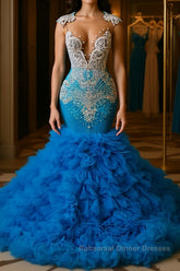 Ocean Blue Mermaid Tulle Ruffle Semi Formal Prom Dresses Long With Beadings