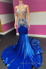 Royal Blue Halter Sleeveless Mermaid Semi Formal Prom Dresses With Beadings Velvet