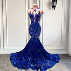 Sequins Royal Blue Sleeveless Mermaid Semi Formal Prom Dresses
