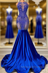 Sleeveless Royal Blue Scoop Neck Mermaid Semi Formal Prom Dresses with Beadings