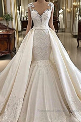 Cap sleeves White Mermaid 2 in 1 Wedding Dress with Overskirt