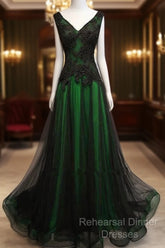 Chaming Black And Green Tulle V-Neckline Long Party Dress, Beautiful V-Neckline Semi Formal Prom Dresses