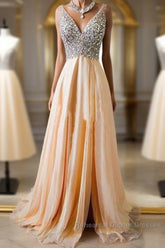 Champagne A-Line V Neck Chiffon Long Semi Formal Prom Dress, Formal Dresses