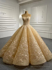 Champagne Ball Gown Sweetheart Appliques Prom Dress