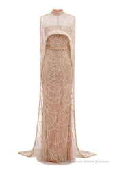 Champagne Beading Prom Dresses Sweep Train High Neck Zipper Sleeveless Evening Dresses