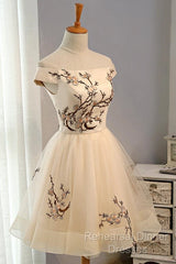 Champagne Embroidery Homecoming Dresses,Tulle Short Party Dresses