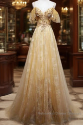Champagne Lace Off Shoulder Long Party Dress , Cute Tulle Formal Dress Semi Formal Prom Dress