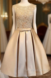 Champagne Lace Short Semi Formal Prom Dress, Cute Homecoming Dress