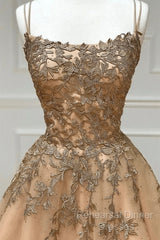 Champagne Lace Tulle Long Semi Formal Prom Dress Formal Evening Dress Ball Gown